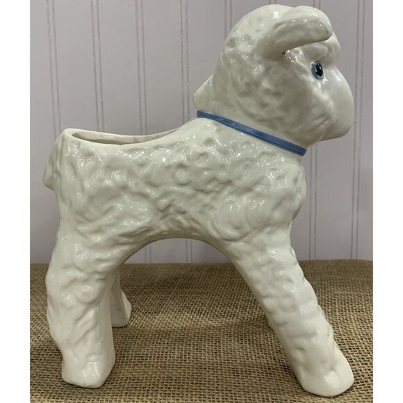 Vintage Ceramic Lamb Planter With Blue Bow & Pink Ears - Picture 3 of 7